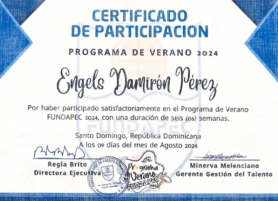 Certificado del Programa de Verano FUNDAPEC 2024